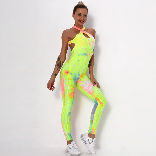 Europeisk och amerikansk sexig korsad batikfärgad skönhetsrygg yogadräkt för kvinnor, fitness, sport, bubbla, flerfärgad, helkroppsdräkt 6225 jumpsuit-yellow, red and blue M
