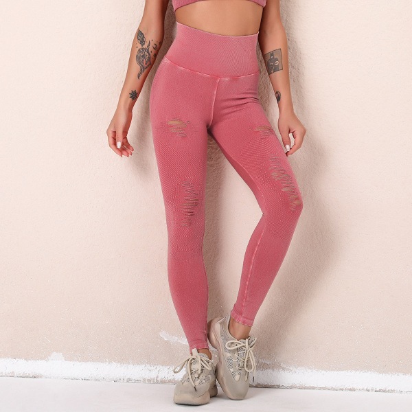 Europæiske og amerikanske vaskede yogabukser med flænger, udhulede, sømløse, højtaljede sportsbukser, niende bukser, hofteløftende fitnessbukser til kvinder 6315 trousers-purplish red S