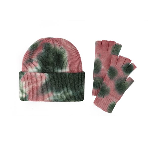 Ull Tie-Dye Handskar Mössa Tvådelad Varm Gradient Stickad Öronlapps Mössa Set Red tie-dye suit