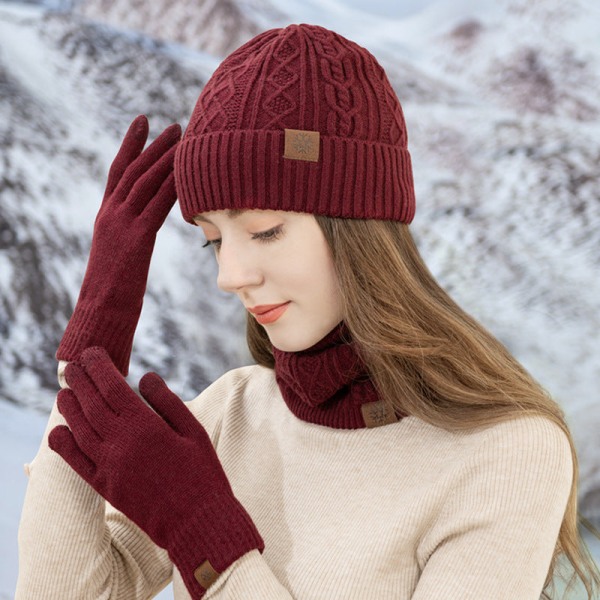 Handsker, hue og halstørklæde, tre-delt sæt med touch screen plus fløjl varm uldhue, tre-delt sæt Wine red three-piece set