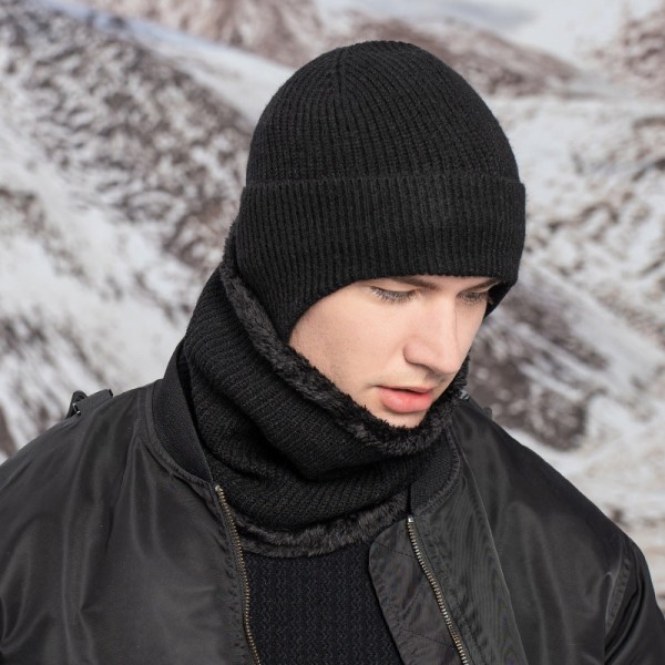Lämmin Korvasuoja Hattu Huivi Kaksiosainen Set Talvi Ulkoilu Fleecevuorattu Neulepuku [Thread type black] two-piece set