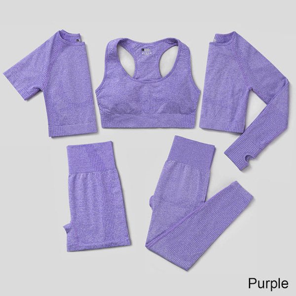 Yoga Set Träningskläder Sportkläder Gym Kläder Fitness Leggings Toppar För Kvinnor 5 pcs set purple M