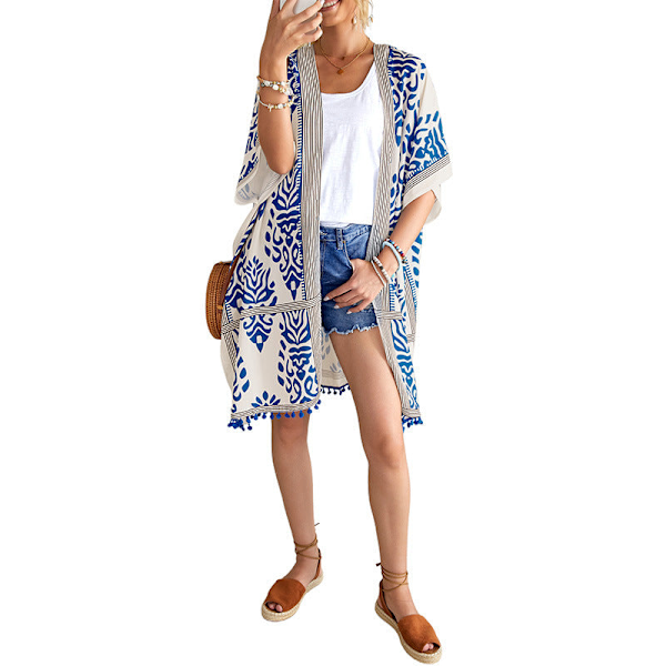 Badedragt Hawaii Seaside Holiday Cardigan Kortærmet Solbeskyttende Tøj Trykt Strand Cover-up Mellemlangt Badetøj LC85278-light blue Average size