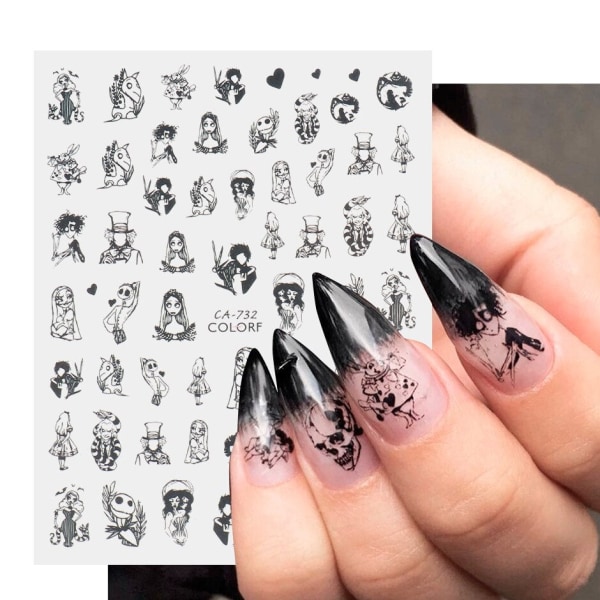 Halloween Anime Negle Klistremerker Terror Gotisk Stil Hodeskalle Svart Slange Dekaler 3D Nyttår Slidere Manikyr Dekor LECA725-732 STZ-G037 Black
