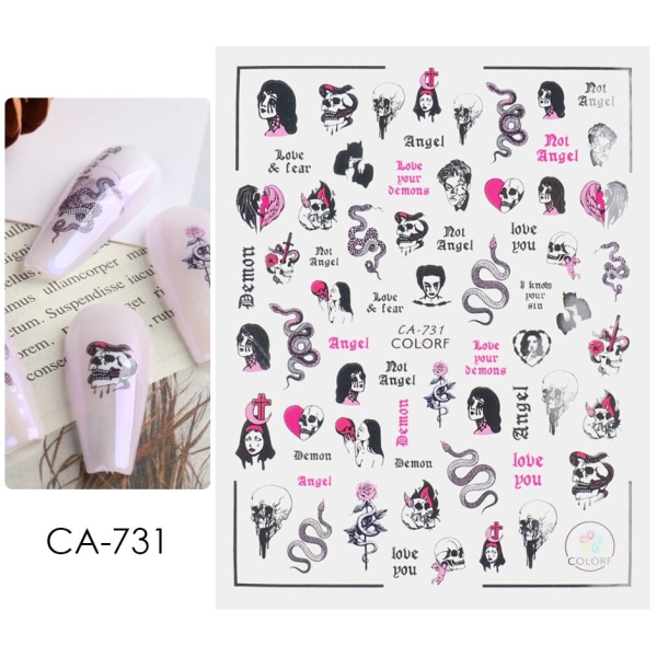 Halloween Anime Nagelstickers Skräck Gotisk Stil Dödskalle Svarta Orm Dekaler 3D Nyår Sliders Manikyr Dekorationer LECA725-732 STZ-G035 Black