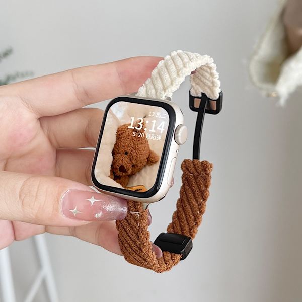 Kellon ranneke Apple Watch iWatch 41mm S9/8/7 sukupolvelle Corduroy magneettinen imu | maidonvalkoinen kahvi