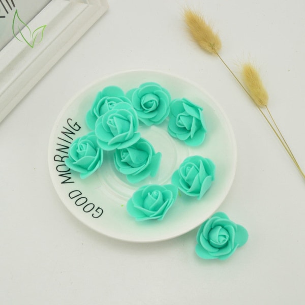 50 st PE Skum Fake Rosor Huvud Konstgjorda Blommor Billig Bröllopsdekoration för Scrapbooking Presentförpackning DIY Krans Multi-Användning 15 water green