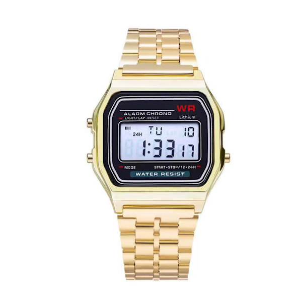 F91 Sport Barn Elektronisk Metallklocka Multifunktionell Självlysande Stålarmbandsklocka Gold shell with black surface