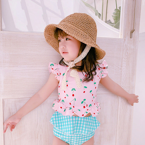 Sødt højtaljet bikini sæt børne badetøj piger barn baby badedragt Cherry Pink L (35-40 Jin)