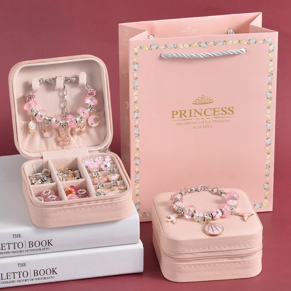 Børns Pædagogiske Håndlavede DIY Perlearmbåndssæt Kreativt Smykkearmbåndssæt Gaveæske Purple jewelry box 66PCs