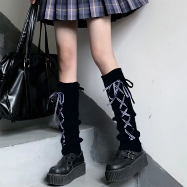 Lolita Långa Strumpor Dam Benvärmare Stickade Varma Fotskydd Vita Arm Ben Värmare Dam Höst Vinter Virkade Strumpor Stövelmanschetter bow black One Size