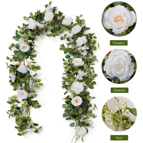 2M Kunstige Blomster Planter Falsk Eukalyptus Ranke Guirlande Hængende til Bryllup Hjemmekontor Fest Have Håndværk Kunst Dekoration 1pc white camellia