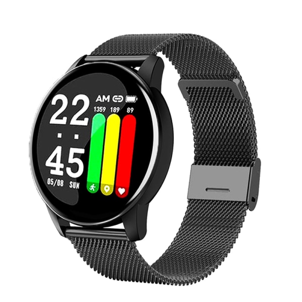 Watch Kvinnor Män Blodtryck Puls Fitness Tracker Watch Sport Rund Smartwatch Smartklocka för Android IOS Black Steel