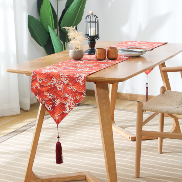 Bordløper i japansk stil, bomull og lin, rutete teppe, Zen-lin, retro japansk duk, tallerkenmatte, duk ukiyo-e. Red HAILANG. Table runner 33*220cm