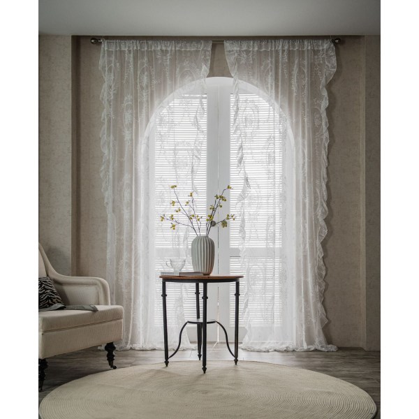 Vita Retro Franska Transparenta Spetsgardiner Rufsade Balkong Sovrumsgardin White yarn mirror ruffled hook 150*280