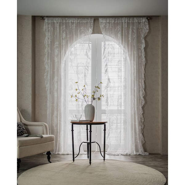 Vita Retro Franska Transparenta Spetsgardiner Rufsade Balkong Sovrumsgardin White yarn mirror ruffled punching 150*160