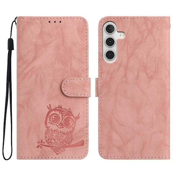 Fodral för Samsung Galaxy A16 4G 5G Uggla Präglat PU Läder Plånbok Telefonfodral med Handledsrem - Pur Pink