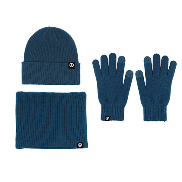 Varm Ullmössa Halsduk Handskar Tredelat Set Vindtät Stickad Mössa Tredelat Set Blue three-piece set