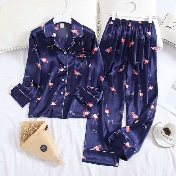 Långärmad pyjamas Höst Is-silke Långärmad byxdress Tryck Mode Pyjamas Set Black XL