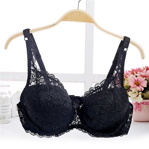 Dam Spets BH Djup V Push Up BH Formande Vadderad BH Underkläder Broderi Lingerie Plus Size BH Black 38D