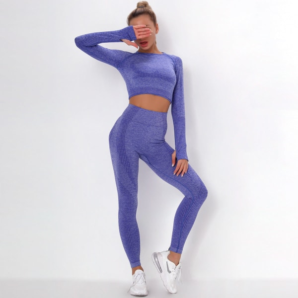 Europeisk og amerikansk prikkete jacquard sømløs sportsdrakt langermet gradient fitness yoga klær skinny yoga bukser kvinner 9149 long-sleeve suit-wine red L