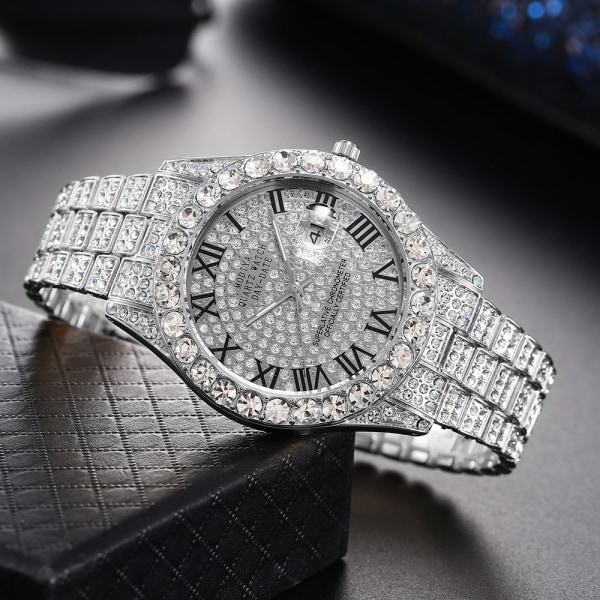 Romersk Skala Stålklokke Herre Kalender Quartz Klokke Stjerne Herreklokke Gold shell gold diamond surface