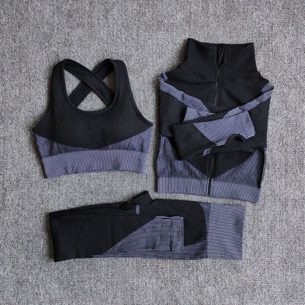 Yoga Set Långärmad Yoga Kläder Dam Sport Gym Träningsdräkter Löparkläder 3PcsSetGray L