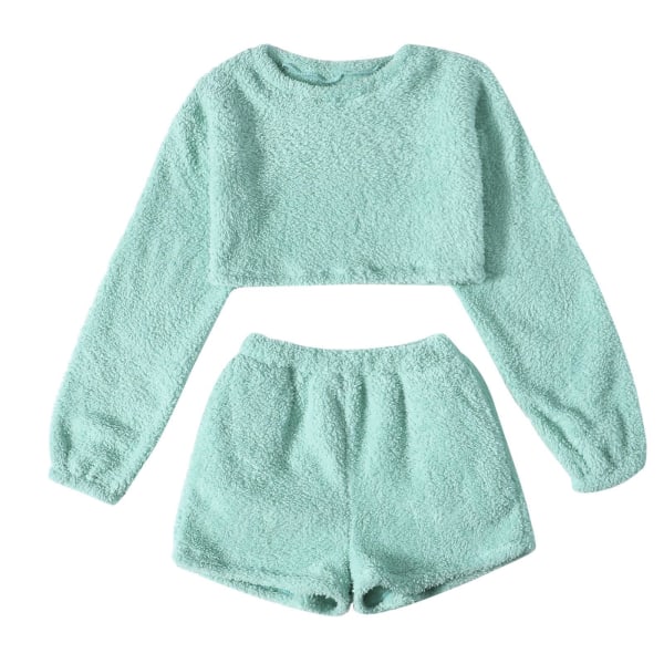 Naisten pehmeät vapaa-ajan pyjamat pitkähihaisella fleece-puserolla ja shortsihousuilla, 2-osainen setti, pörröinen oloasu yöasu Blue M