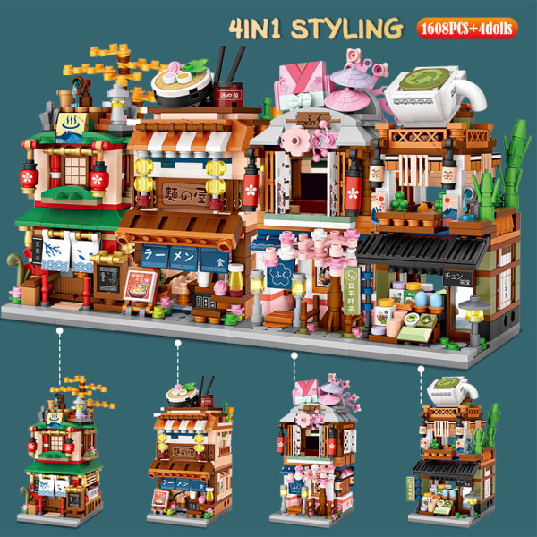 Mini City Street View Nudelbutik Hus Byggklossar 4 i 1 Japansk arkitektur Vänner Figurer Tegel Leksaker för barn kimono shop Overseas