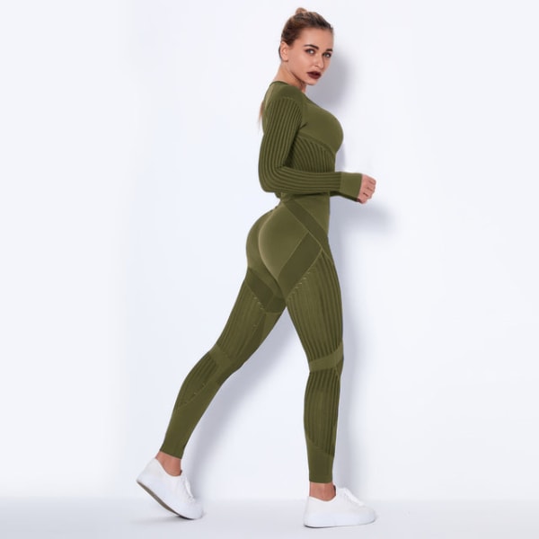 Yoga Set Tvådelad BH Leggings Träningsset för Kvinnor Khaki M
