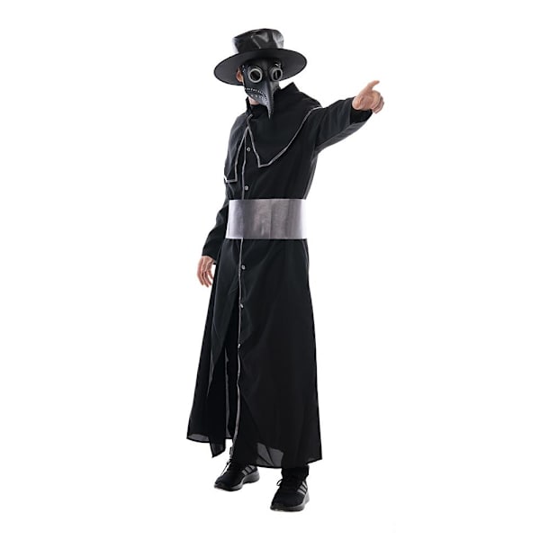 Pestdoktorrock Kostym Herr Halloweenfest Häxmästare Kappa Steampunk Medeltida Dräkter med Hatt Mask Black M