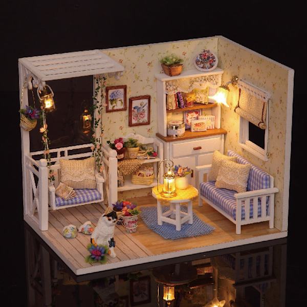Trä Dockhus Miniatyr DIY Hus Kit med Lock och LED-lampa Kattdagbok Default Title