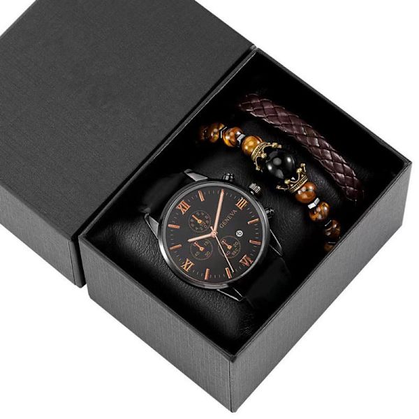 Herrklocka med enkelt bälte, kvartsur, armbandset - 2 st/set Brown