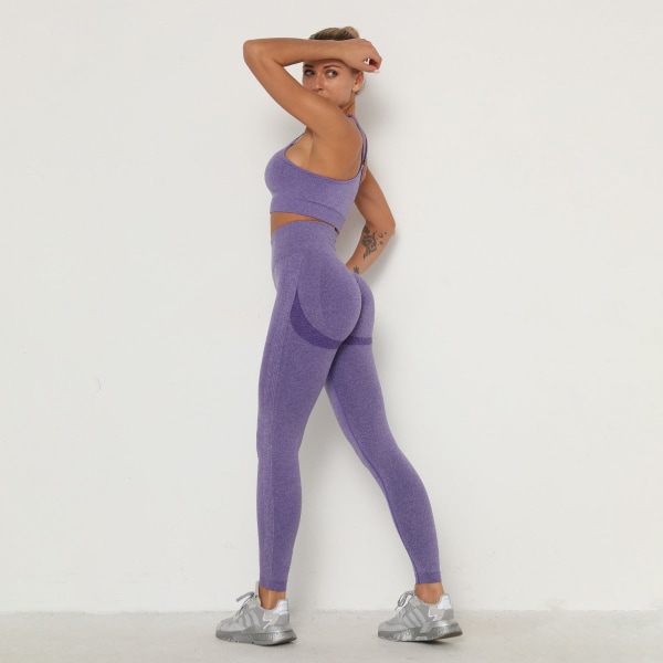 Europeisk och amerikansk stickad sömlös vikbar Peach Hip Raise Yoga Byxa Sport Tränings BH Yoga Kostym 6205 bra and trousers set-purple L