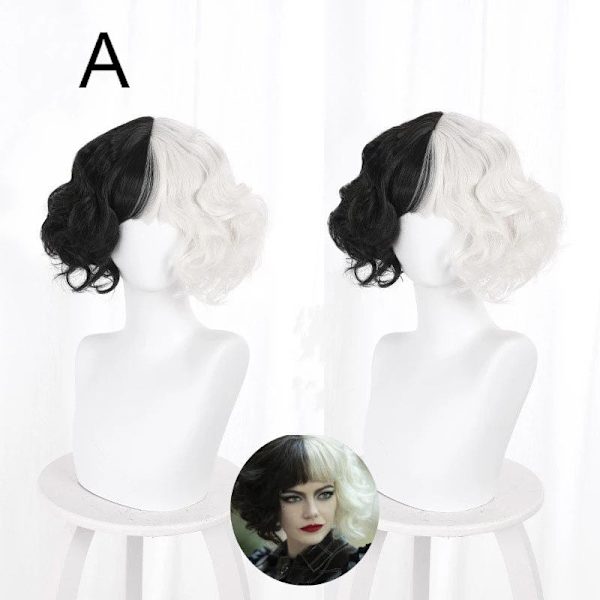 Halloween Cosplay Cruella De Vil Kuila Halv Svart Halv Ett Hundra Små Korta Lockiga Cos Peruk Perukmössor för Att Göra Peruker Danganronpa E One size