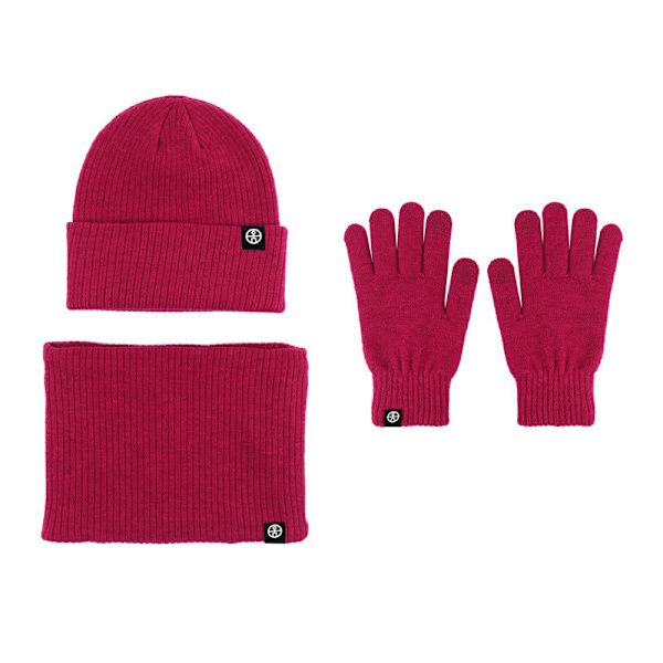 Varm Ullmössa Halsduk Handskar Tredelat Set Vindtät Stickad Mössa Tredelat Set Purplish red three-piece set
