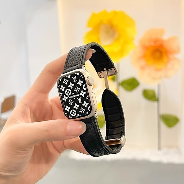 Klockarmband för Apple Watch iWatch för 38/40/41mm Lycheemönster magnetisk bred version - svart