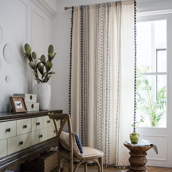 Bohemisk Gardin i Bomull och Linne Amerikansk Tofs Svartvit Tryckt Gardin för Vardagsrum Sovrum Kök Hemtextil KC40 W150xL220cm