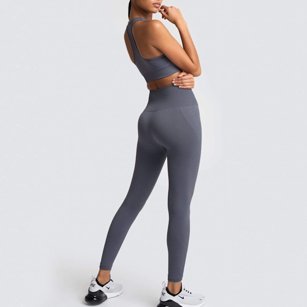 Europeisk och amerikansk enfärgad sömlös stickad höft Yoga Dräkt Tränings Outfit Väst Dräkt Kvinnor 6095 bra set-dark gray M