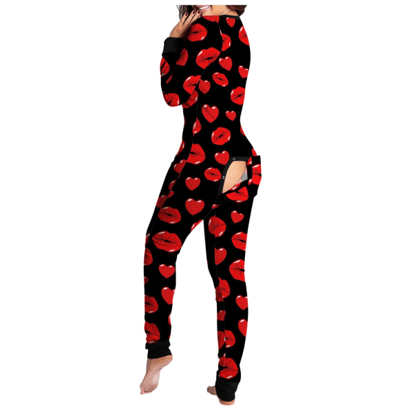 Dame Sexet Pyjamas Onesies Knaplukning Foran Funktionel Knap Flap Voksne Pyjamas V-hals Langærmet Jumpsuit Dame Nattøj RD L2