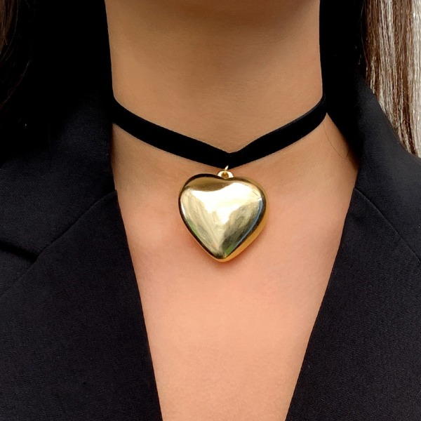 Goth Svart Fløyel Stort Hjerte Anheng Choker Halskjede for Kvinner Elegant Vev Knute Sløyfe Justerbart Kjede Nyttårs Smykker Gold Choker
