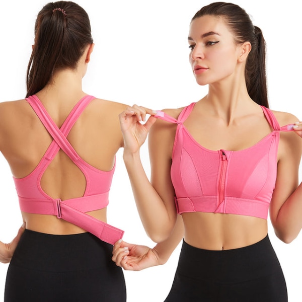 Yoga BH Crop Sport Top Justerbar Rem Lynlås Yoga Løbe BH'er Push Up Vest Rose red 2XL