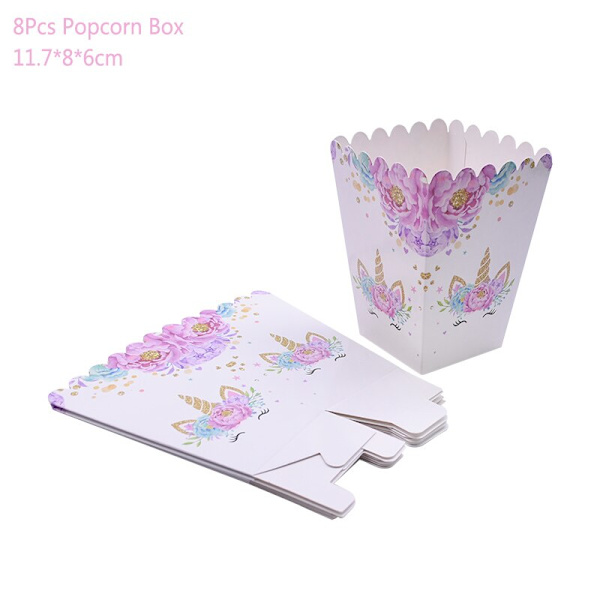 Engangs сервиise med enhjørning-tema, papirtallerkener, kopper, servietter, dekorasjon til enhjørning-bursdagsfest, babyshower, jente 8pcs popcorn box