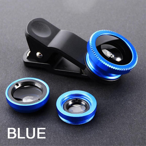 Fisheye Vidvinkel Makro Akryl/Glas Linse 3i1 Zoom Fiskeøje Linse til Mobiltelefon Ekstern Linse Kamera med Telefonklips Blue
