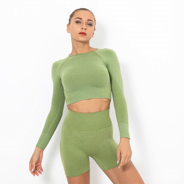 Europeisk og amerikansk sømløs strikket sexy ensfarget langermet topp yogaklær dame sports løping fitness pustende T-skjorte 9165 long sleeve-bright yellow S