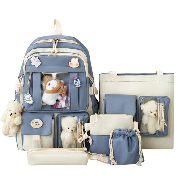 5 stk. Sett Ryggsekker for Studenter Kawaii Lappeteppe Videregående Skole Ryggsekk Stor Kapasitet Skolevesker for Jenter Håndveske Blyantveske Pink1