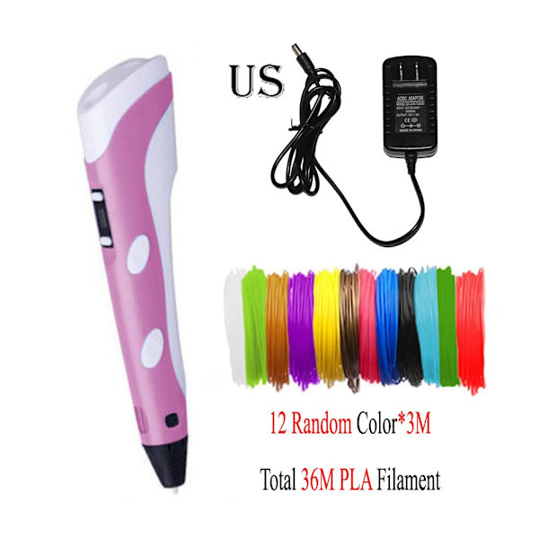 Dikale 3D-penna LED-skärm DIY 3D-utskriftspenna PLA-filament Kreativ leksakspresent för barn Designritning 3D-skrivarpenna Ritstift PLA Filament Pink US 3Mx12