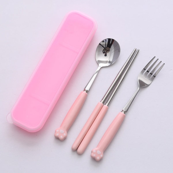 Kattpote Servisesett Keramisk Rustfritt Stål Bestikk Spisepinner Skje Gaffel Bærbart Servisesett Pink cat's paw spoon chopsticks