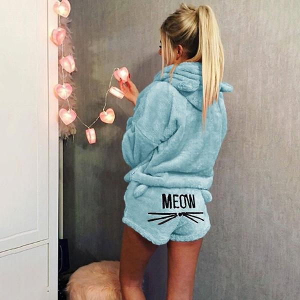 Dammode Vinter Pyjamas Set Söt och Gullig Långärmad Sammet Varm Hoodie och Shorts Mode Hemmakläder Set White XXXXXL
