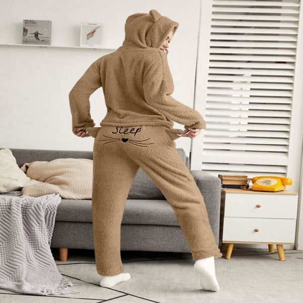 Yöpaidat Yksivärinen Lämmin Pyjamasetti Pitkähihaiset Topit+ Housut Kaksiosainen Söpö Kissan Kuva Hupullinen Nukkumapyjama Huppari Khaki M
